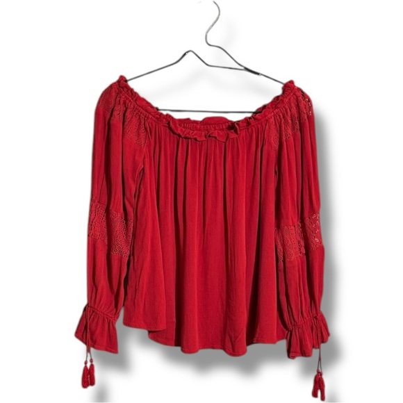 Band of Gypsies Red Ruffled Lightwight Off-Shoulder Long Sleeve Tassel Blouse - Picture 12 of 16